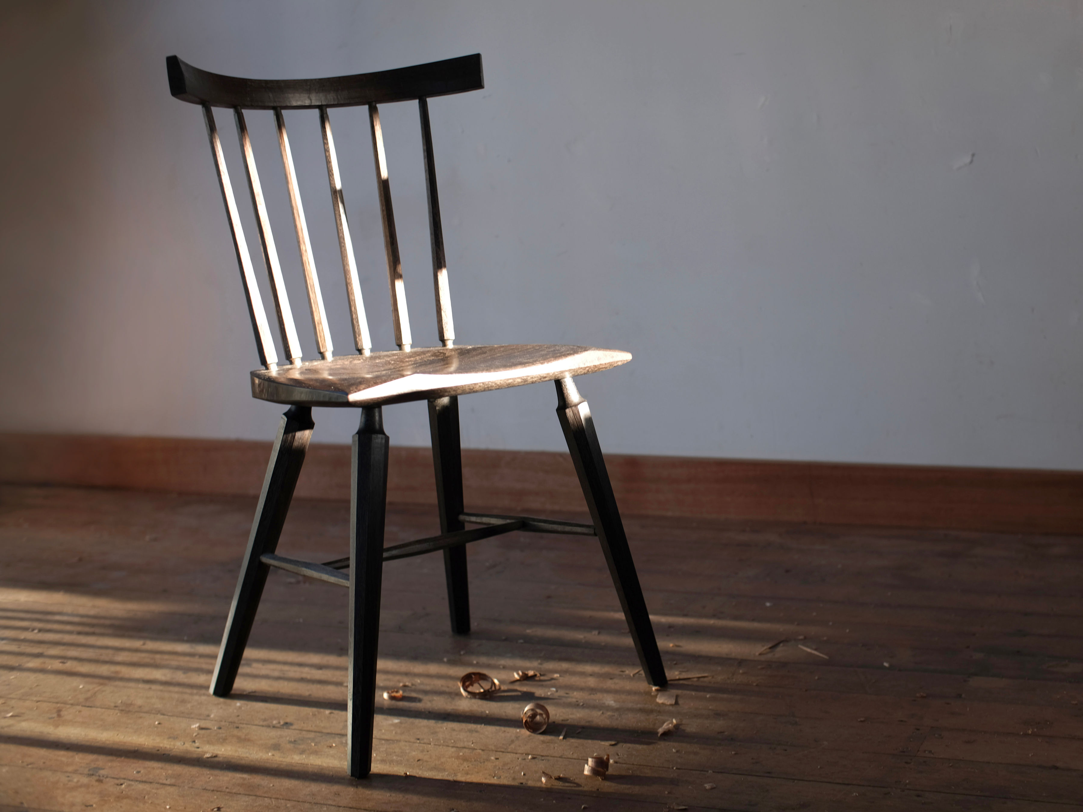 Custom designed, hand-crafted chair. Ebonised Tasmanian Oak, steam bent back rest, and hand shaped and burnished. Photo: Benjamin Grieve-Johnson.